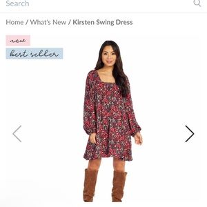 Mud Pie Floral Square Neck Long Sleeve Kirsten Swing Dress- Large